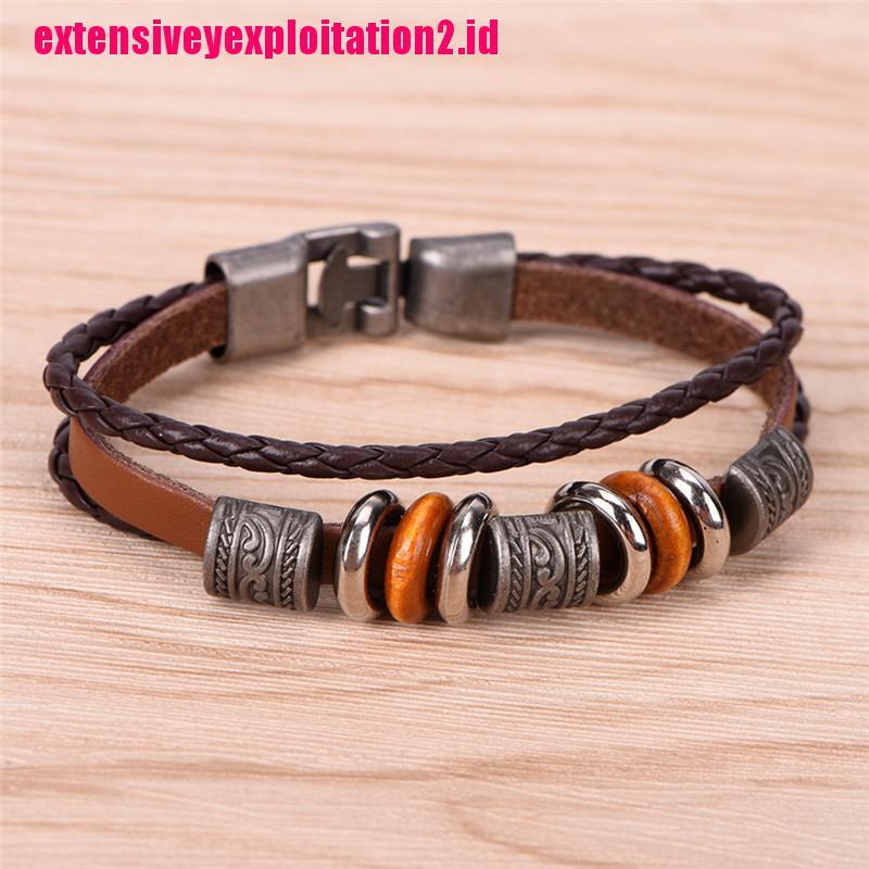 &lt; E2id &amp; &gt; Gelang Tangan Kulit Coklat Handmade Gaya Retro Punk Untuk Pria