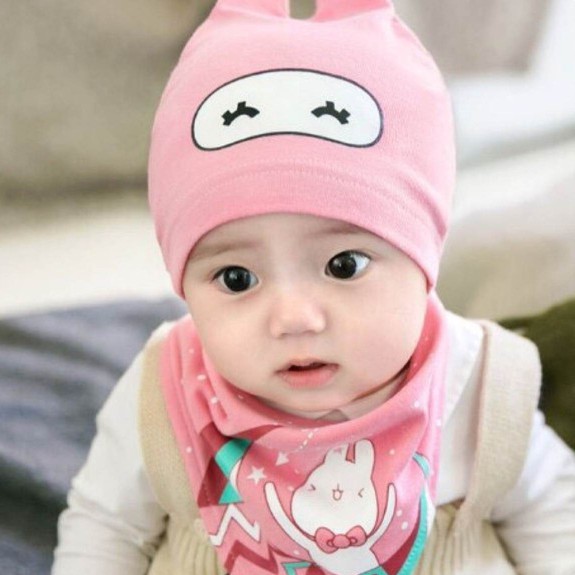 Satu Set Kupluk + Celemek | Bib + Hat Bunny Pink