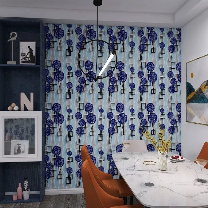 Wallpaper Dinding Motif Daun 3D Biru Kotak