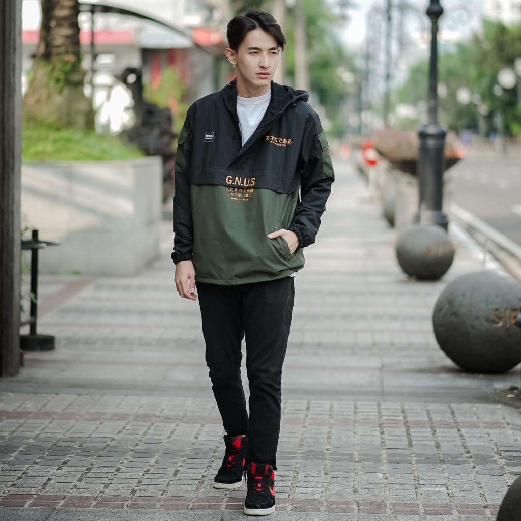 GENIOUS Jaket Cougle HItam Hijau Jaket Parasut Pria Jaket Outdoor