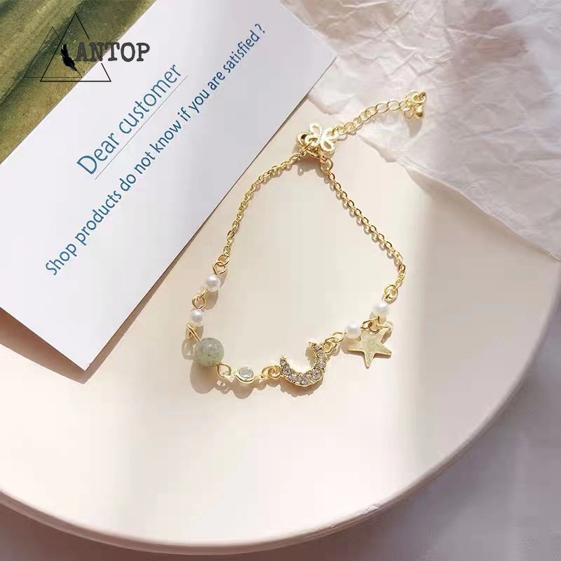 Gelang Liontin Bintang Dan Bulan Gaya Gelang Bangle Mutiara Aksen Pita Gaya Korea Untuk Wanita Women Jewelry Accessories Gifts ANTOP