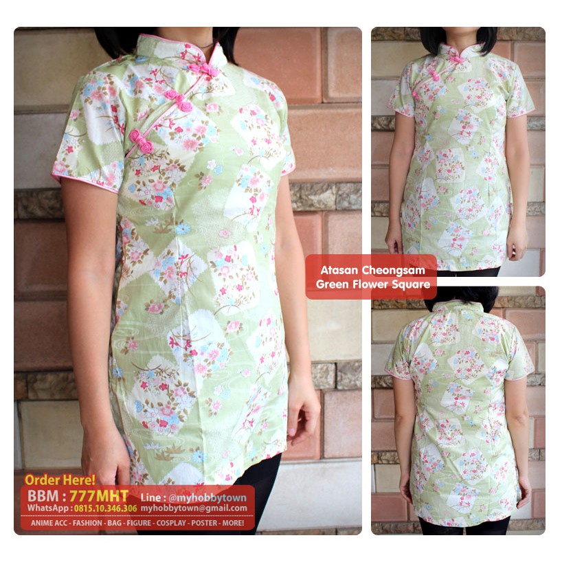 Atasan/Blouse Cheongsam / Qipao : Green Flower Square