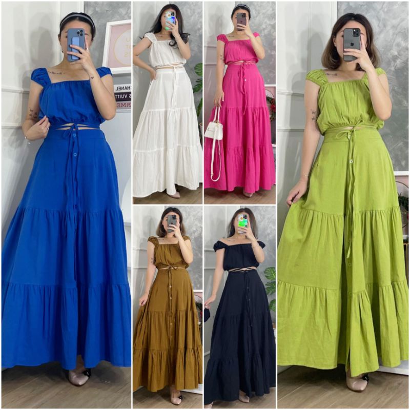 ❣ SPECIAL PRICE ♡ PREMIUM ♡ ORIGINAL ! LALISA VINTAGE 2 IN 1 SET CROP TIED KNOT TANK BLOUSE OUTER WITH LONG LAYER TRAP BUTTON MAXI SKIRT / SETELAN ATASAN &amp; ROK PANJANG SUSUN KANCING