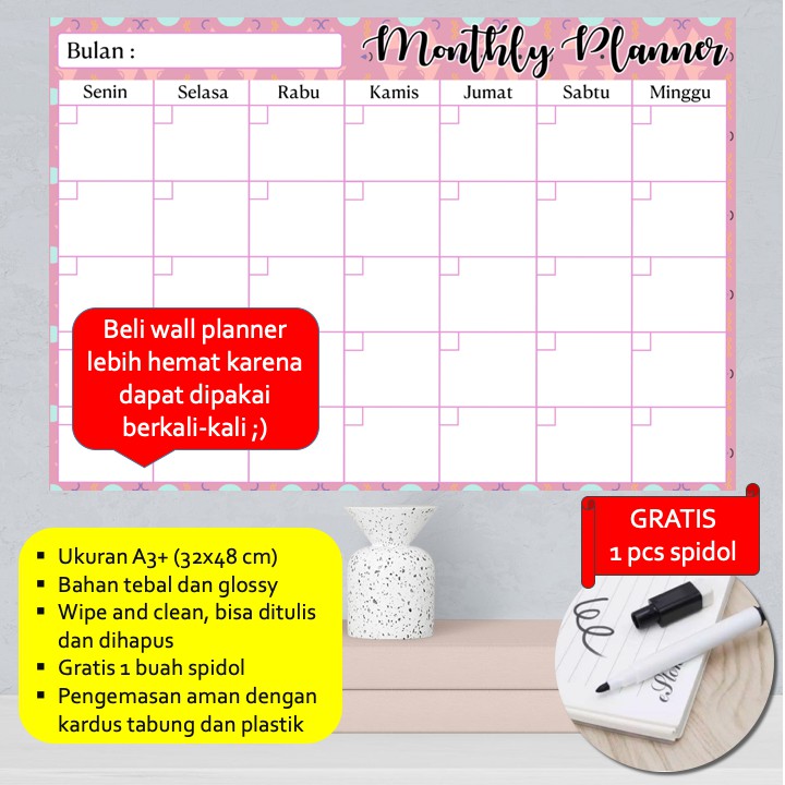 

Monthly Planner A3 + Bonus Spidol Wipe and Clean - Wall Planner Schedule Board isi binder