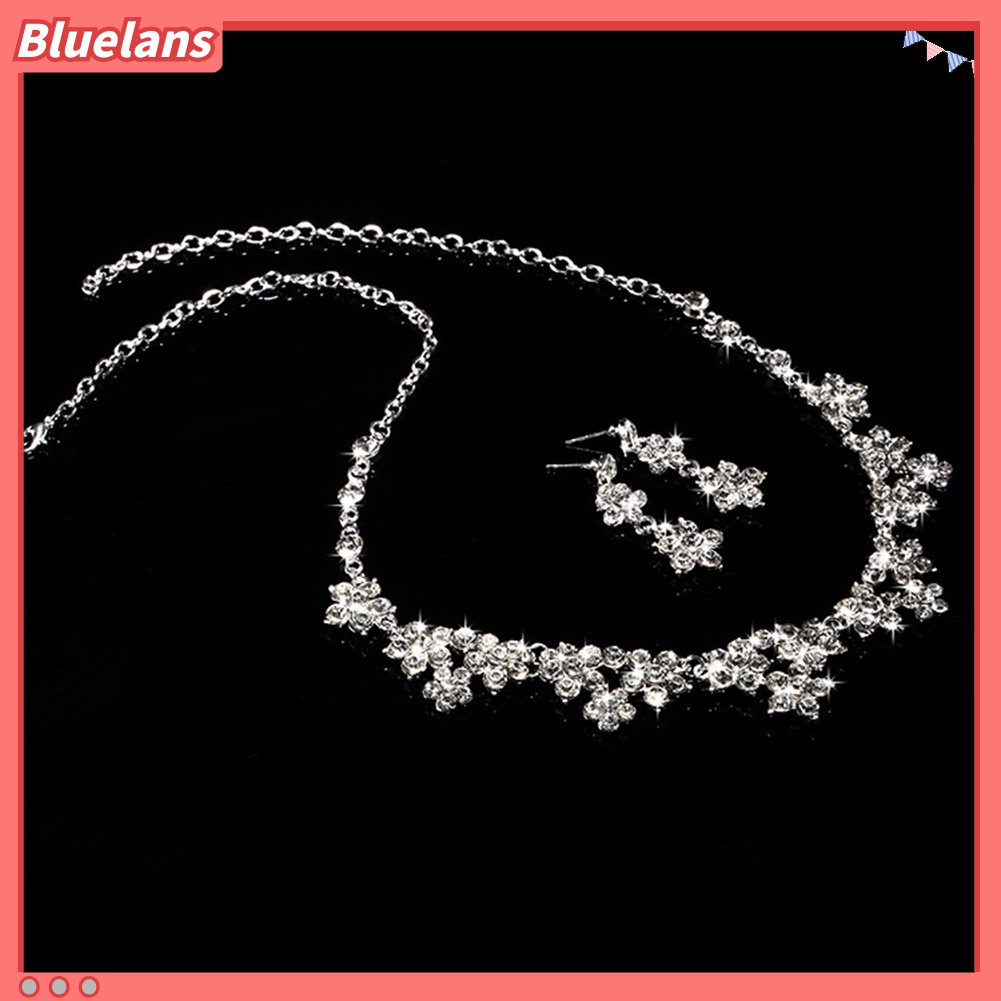 Bluelans Set Mahkota + Kalung + Anting Gantung Tusuk Aksen Berlian Imitasi Untuk Perhiasan Pengantin Wanita