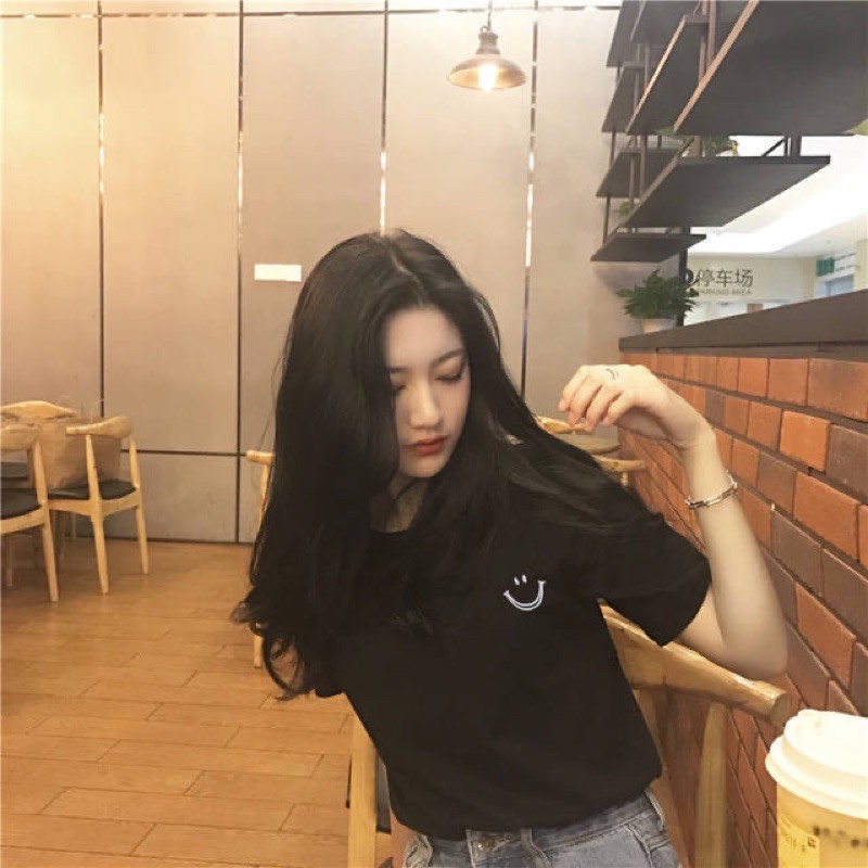 Oversize Tee Tshirt Model Longgar Untuk Wanita Motif Smile Bordir Kecil