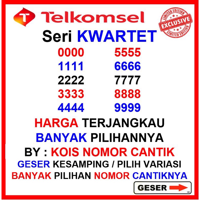 nomor cantik simpati murah kwartet Nomer kartu perdana telkomsel super no cantik AS 0123456789 kwart