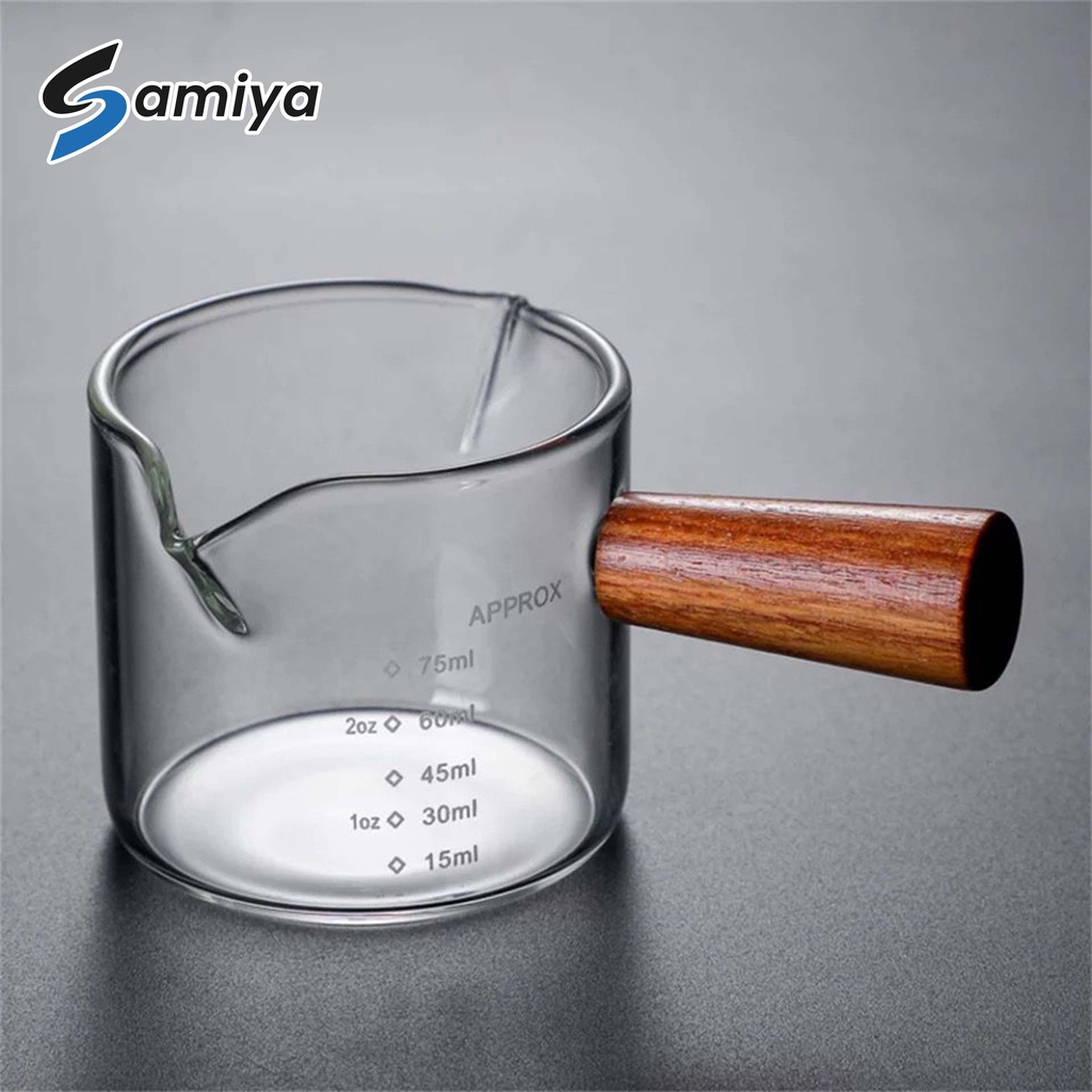 milk jug pot 75ml double mouth wooden handle / gelas takar ukur kopi espresso gula susu gagang kayu 75ml double spout measuring cup