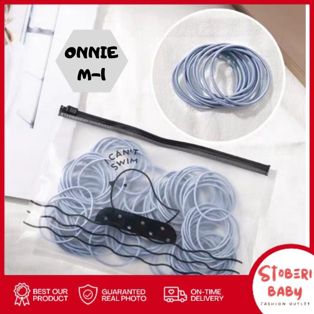 stoberi baby - IKAT RAMBUT ONNIE 100pcs + pouch ikat rambut karet polos warna-warni anak dewasa import ala korea