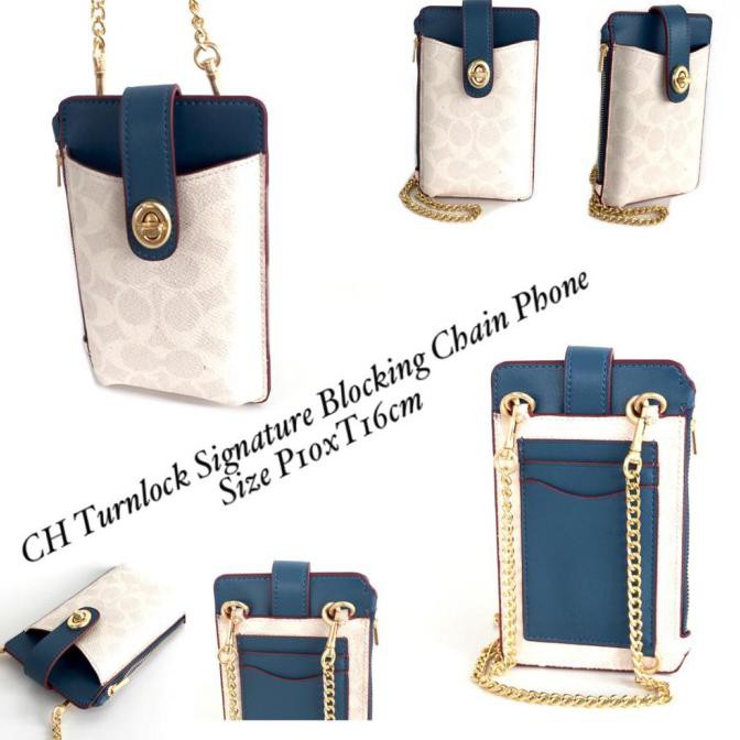 Tas Pocket Selempang Hp Wanita Coach Turnlock Signature Chain Phone Djamenashop