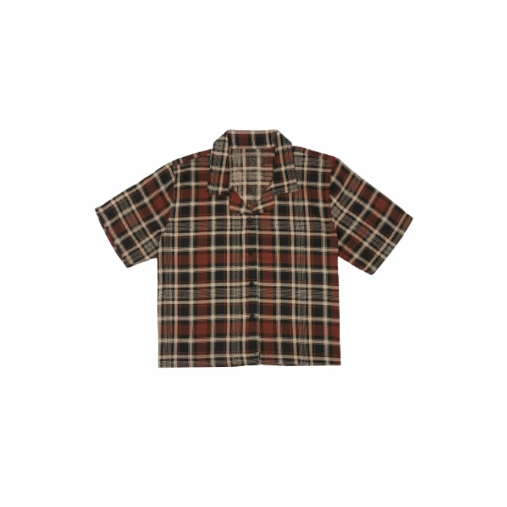 KEMEJA WANITA CROP TOP KOTAK KOTAK KOREAN CASUAL KATUN RAYON CROP SHIRT ORGANIK-CROPTOP Kotak Coklat