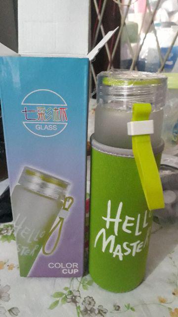 Botol Minum Kaca B-72 - Botol Minum Hello Master + Free Pouch