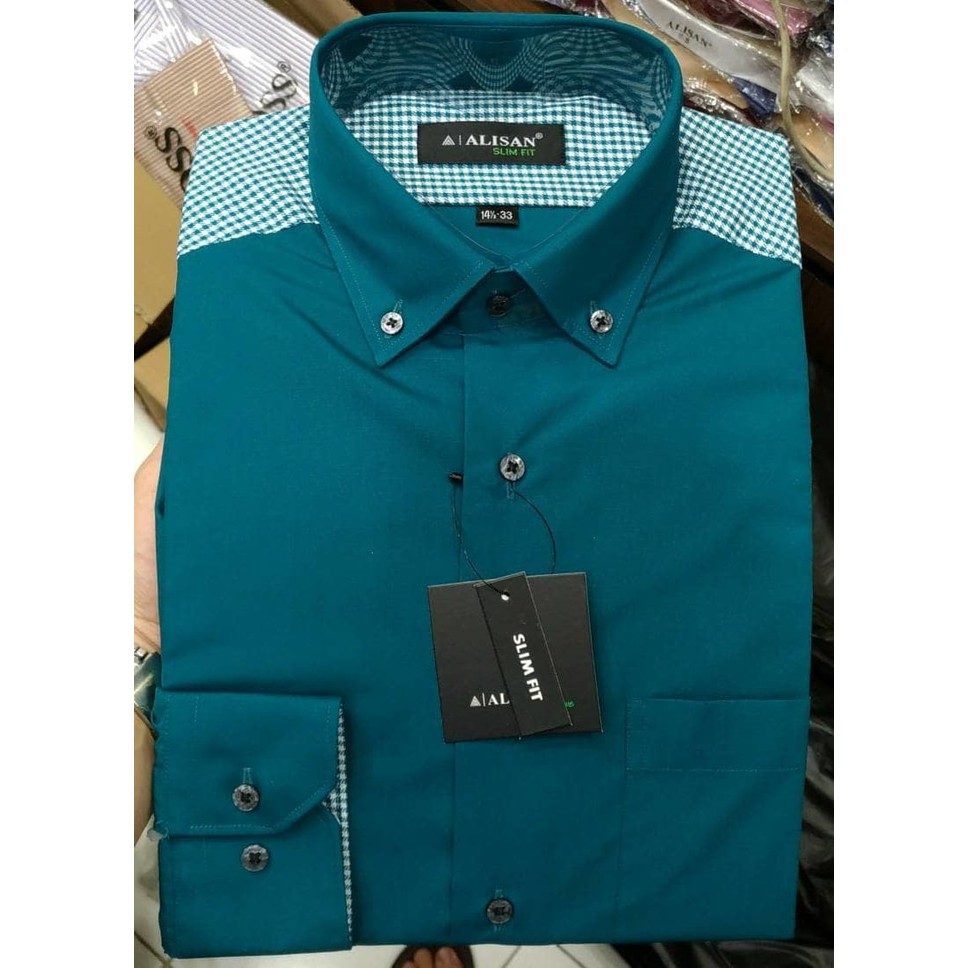 Kemeja Pria Alisan Slimfit Panjang Biru Navy Hijau Tosca Kombi Pundak - Navy, Xl Best Quality