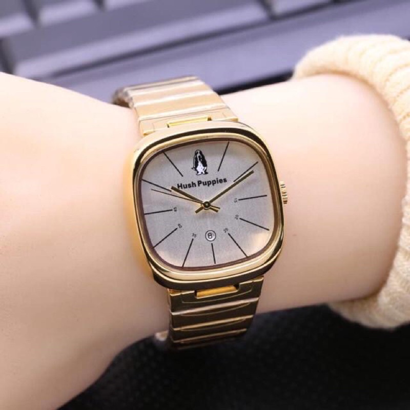 (GOOD QUALITY) Jam Tangan Wanita/Cewek Hush Puppies Segi Full Stainless Tanggal Aktif-H (GOLD-PUTIH)