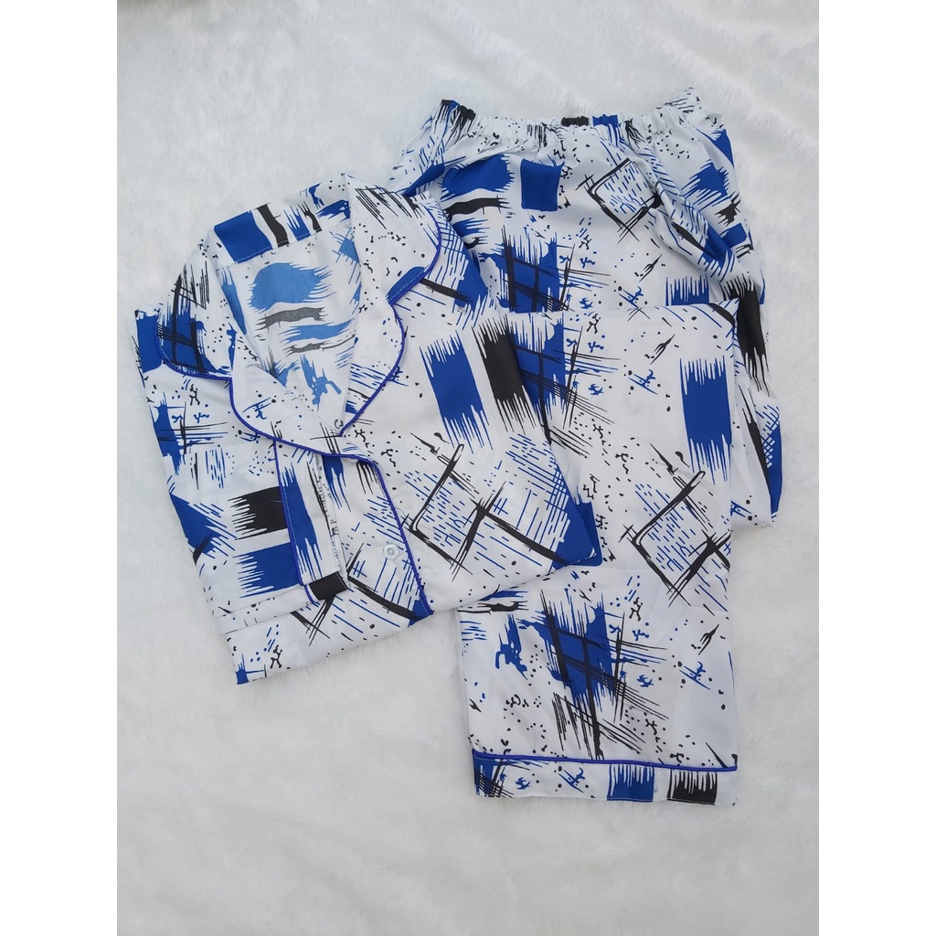 BJ - Piyama PP Wanita kotak / Baju tidur lengan panjang Katun Premium-ABS BRUSH BIRU