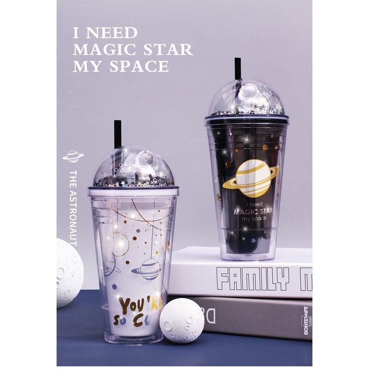 Interstellar Merantau Double Layer Straw Cup Hadiah Kreatif Astronot Gelas Plastik Anak Lucu Warna-Warni Cangkir Air