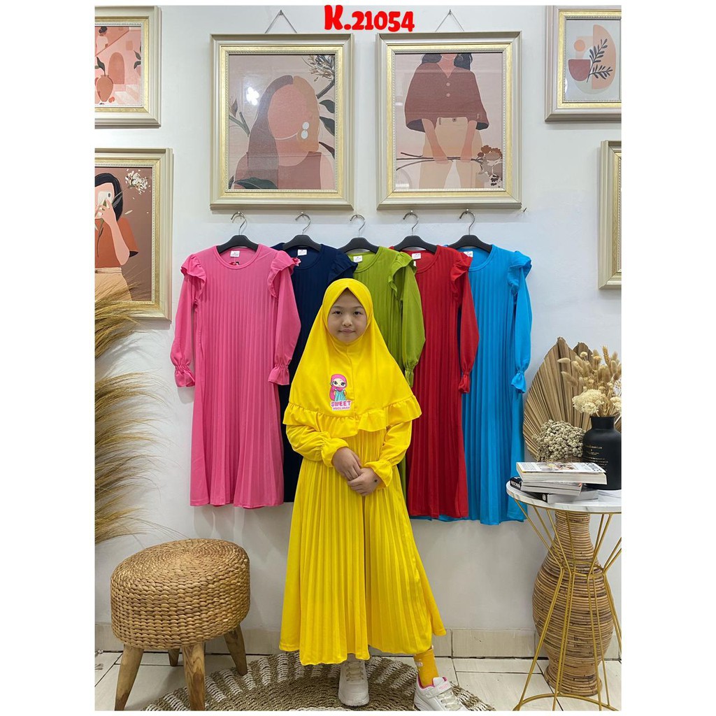 Gamis anak perempuan plisket motif sweet muslimah bahan voxy premium merk latin (2-7 tahun)