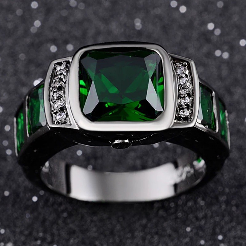 Cincin Emerald Zamrud Stone Elegan Mewah Minimalis Modern Black Platted Hijau Jamrud