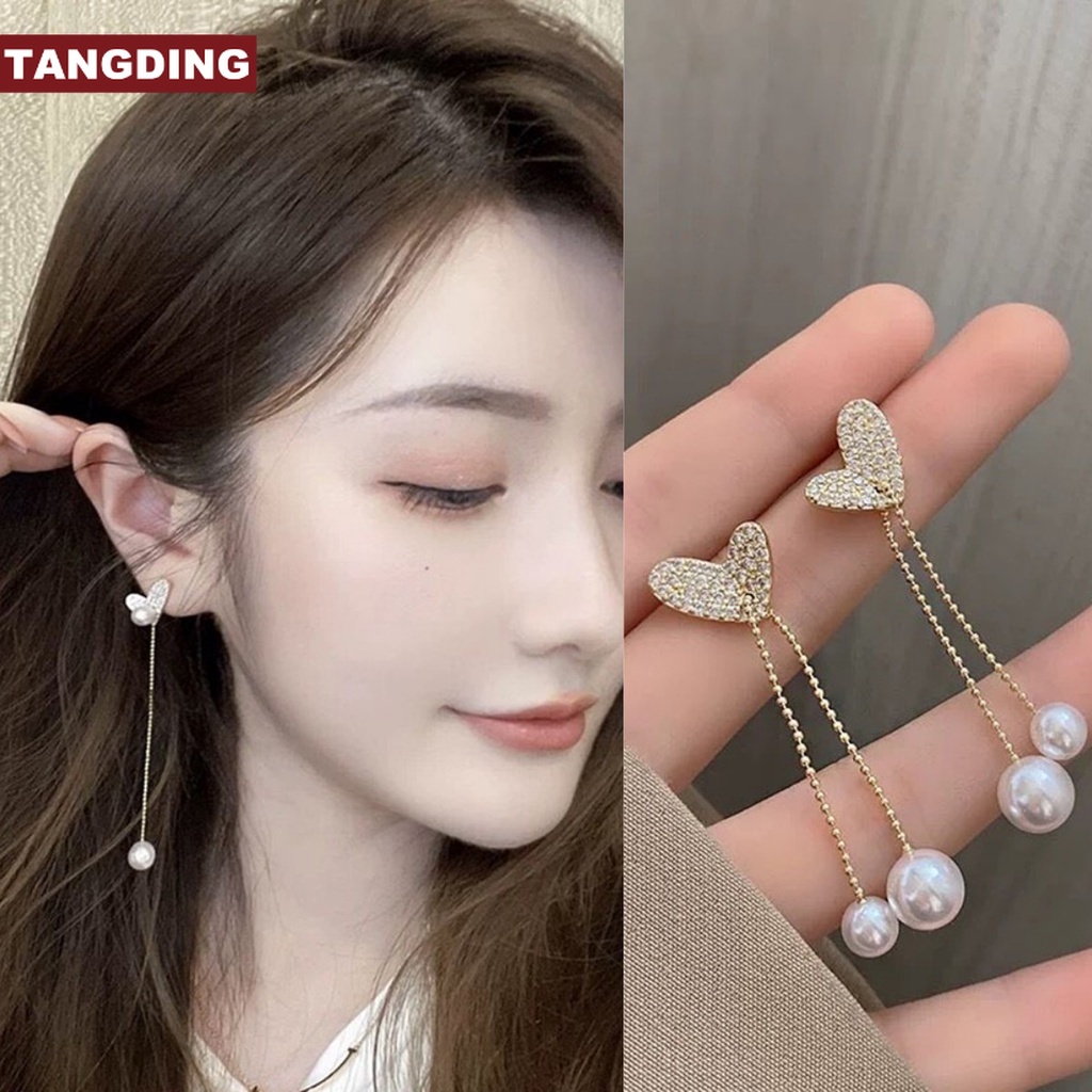 【COD Tangding】 Anting Tusuk Gantung Bentuk Hati Aksen Rumbai Mutiara Imitasi Untuk Wanita