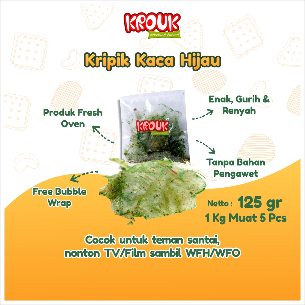 

Krouk Snack Keripik Kaca Hijau Goreng Krispi Krispy Renyah Gurih Pedas Jajanan Cemilan Camilan Ngemil Makanan Ringan Kekinian Murah Kiloan Halal 125 Gram