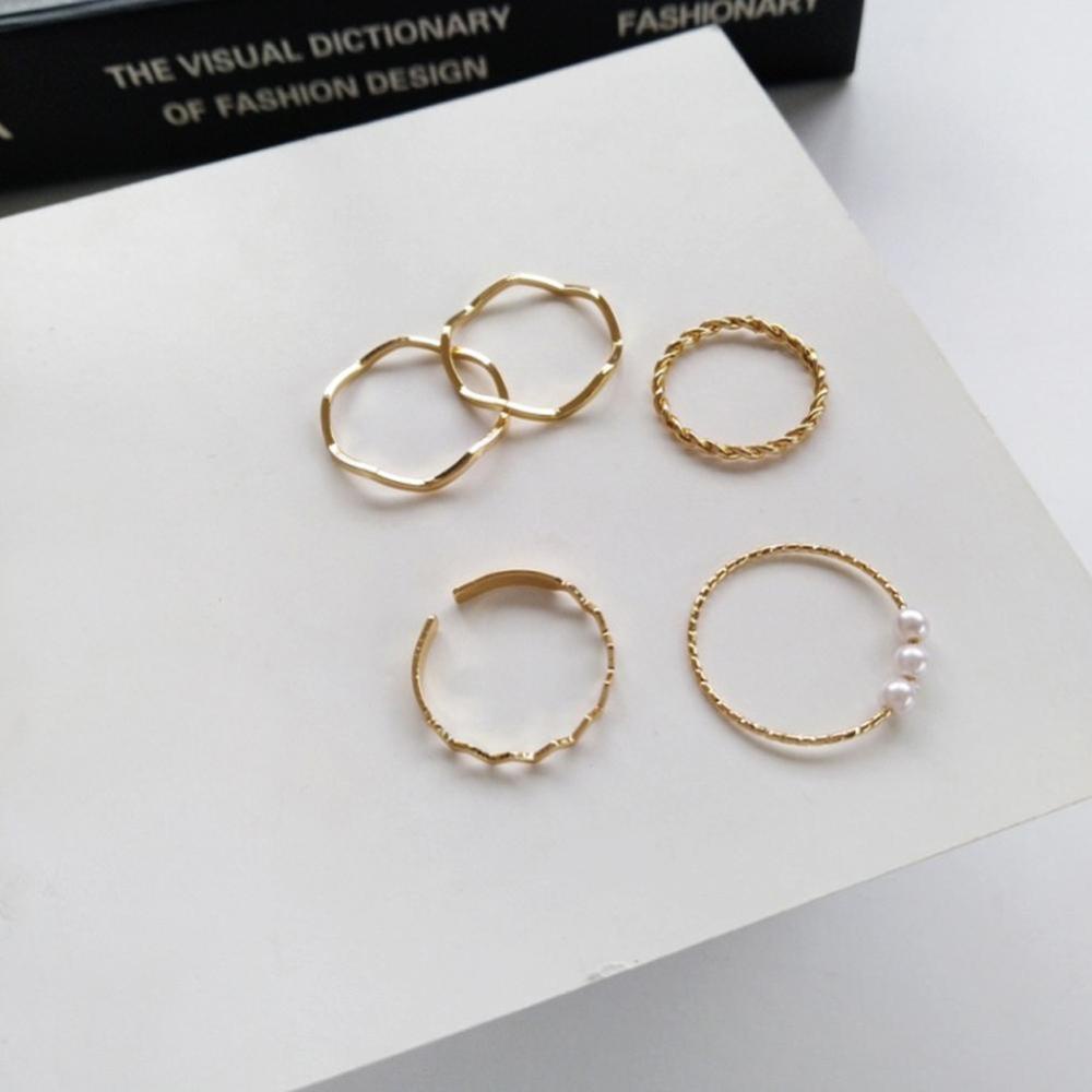 Timekey 5PCS / Set Cincin Terbuka Pola Geometri Gelombang Warna Emas Untuk Wanita A8K2