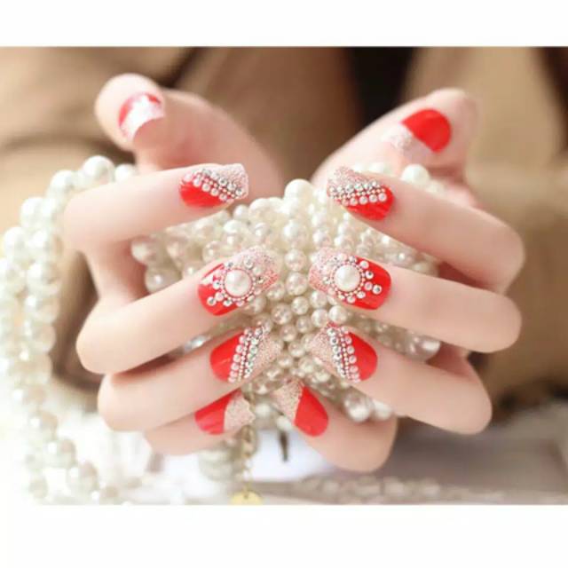 Wedding fake nail 3D Red rhinestone kuku palsu merah pernikahan