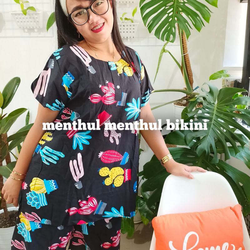 One Set Setelan Pendek Rayon Jumbo Fashion Wanita Kekinian Baju Pantai Motif Kaktus