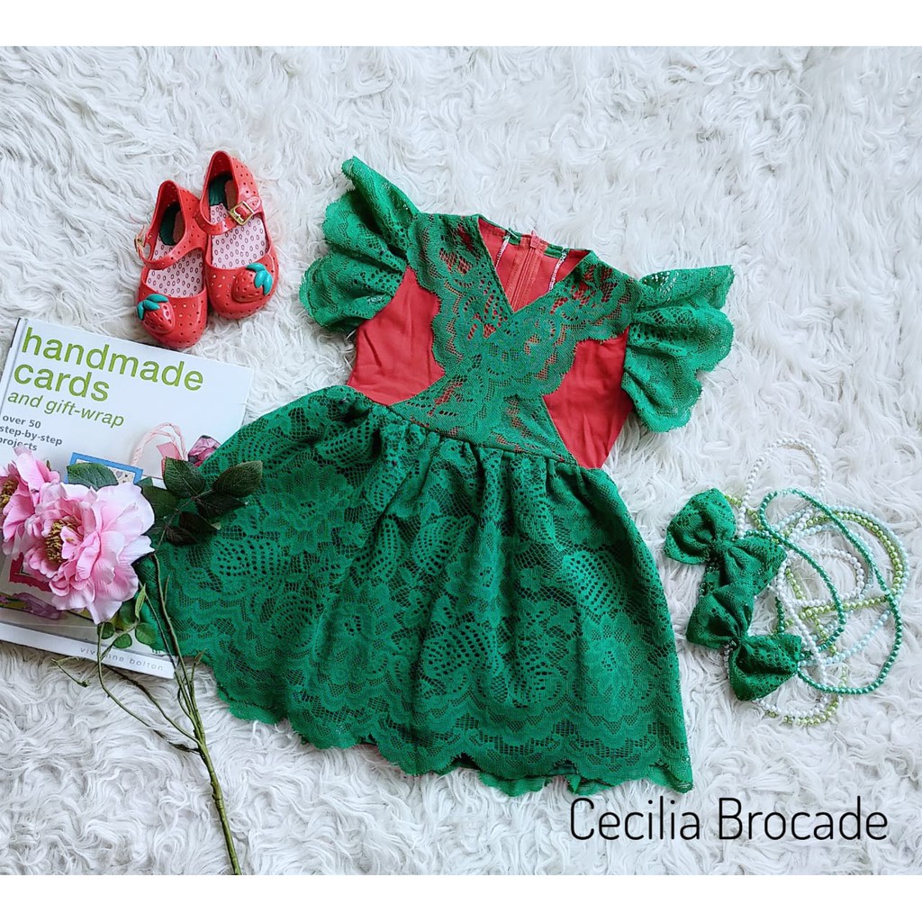 CECILIA DRESS/DRES BROKAT/DRES NATAL/DRES CANTIK  USIA DEWASA S-XL WARNA HIJAU BOTOL COMBI MERAH ( R
