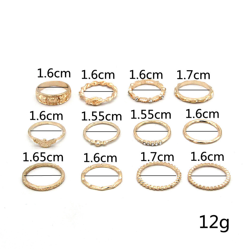 12pcs / Pak Cincin Jari Midi Lapis Emas Hias Berlian Imitasi Gaya Bohemian Untuk Wanita