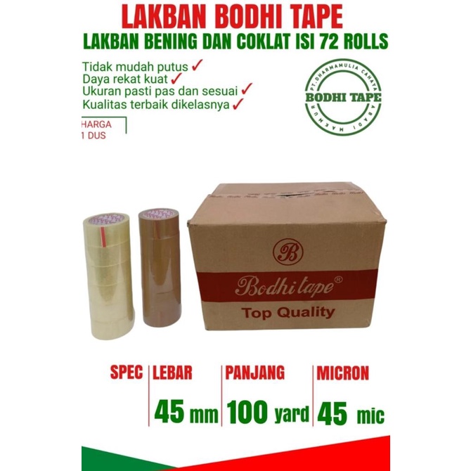 

LAKBAN BENING/COKLAT BODHI TAPE UKURAN 45MM X 100YARD 1 DUS GOJEK/GRAB