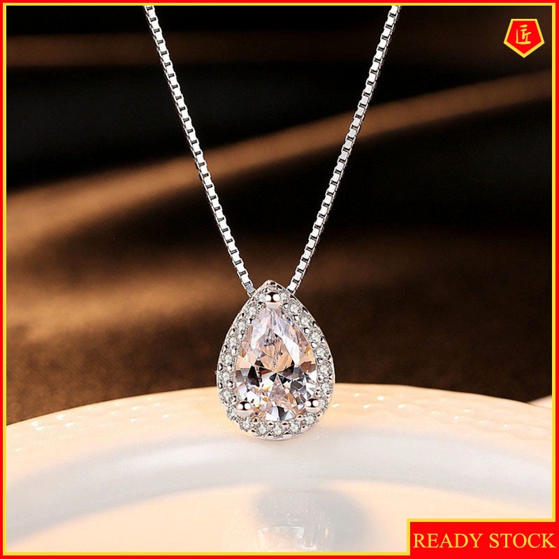 [Ready Stock]Fashion Plated S925 Sterling Silver Water Drop Pear-Shaped Pendant Diamond-Studded Necklace