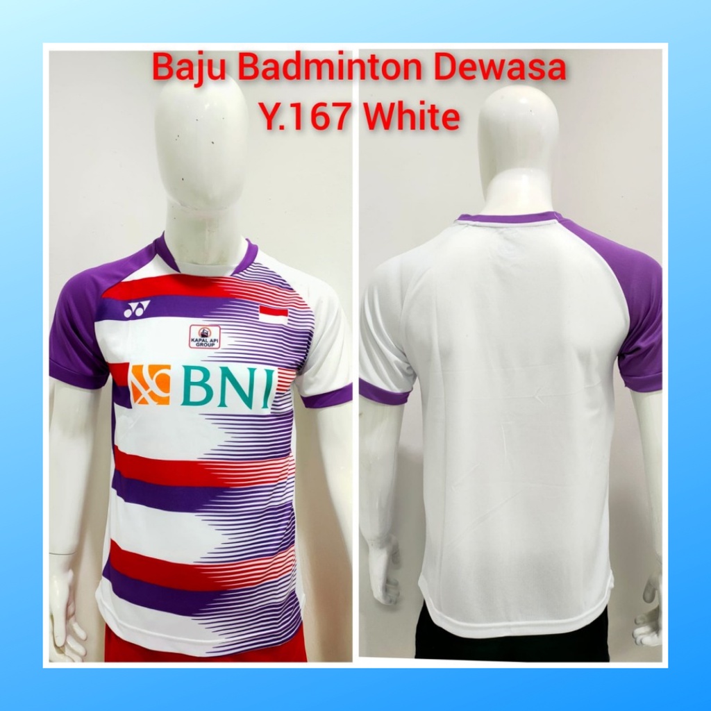 Kaos badminton pria jersey bulutangkis baju atasan jersy wanita dewasa t-shirt outfit seragam kostum olahraga casual suit pakaian jarsey oblong apparel sports jersi bulu tangkis Y167 putih sponsor