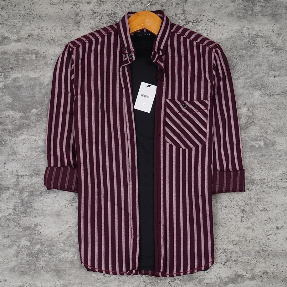 Castles.id Long Sleeve Flannel Shirt Maroon Flanel Pria M L XL