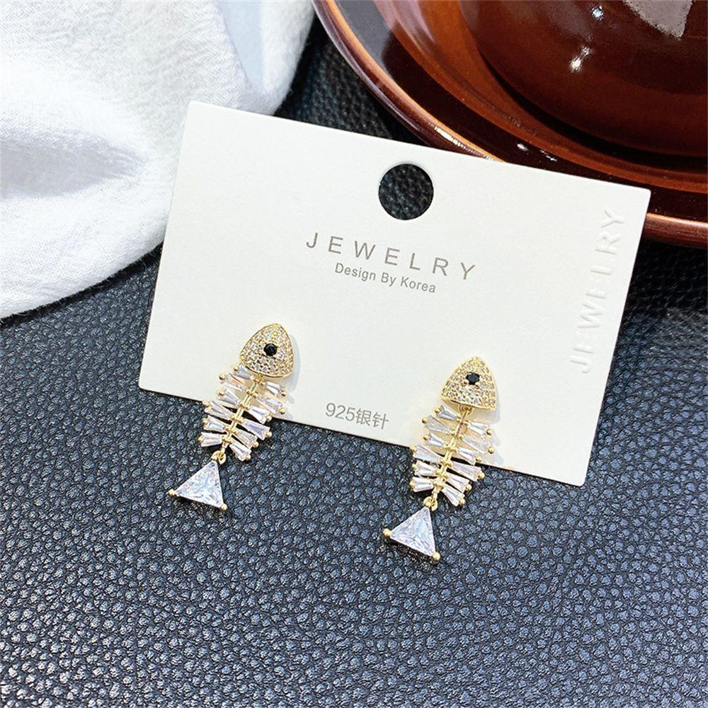 R-flower Fish Earrings Jewelry Anting Pejantan Kristal Elegan Menjuntai Zirkon Klip Telinga