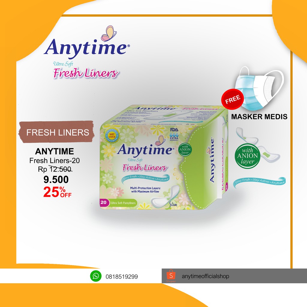 

Anytime Pantyliners / Anion Freshliners Isi 20 Pad - Avail To Compare With Natesh Sirih Pantyliner