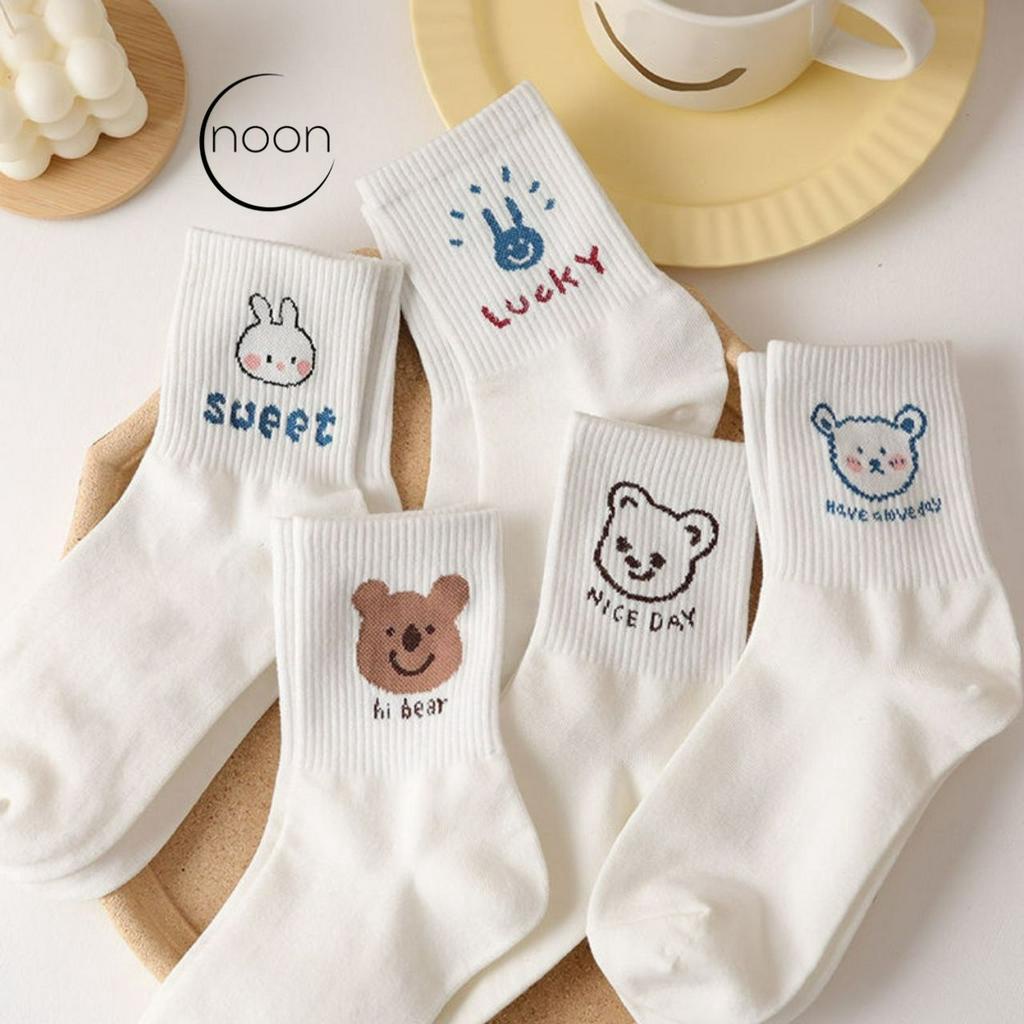 NOON (Cotton Clouds) Kaos Kaki Sekolah  Panjang Sebetis Wanita Korea Sneakers Vans Converse Lucu Putih Bear Cat Animal Basket Olahraga Dance Cute SMA Kerja Pendek Motif Lucu Katun Import Murah Grosir Lusinan Vintage