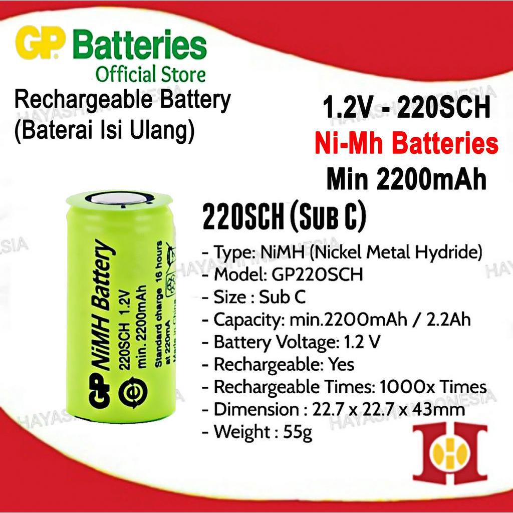 Baterai 220SCH Sub C 2200mAh Rechargeable 1.2V GP industrial Batteries