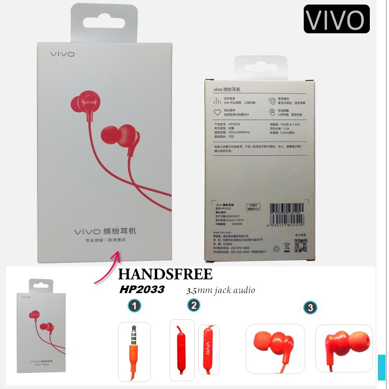 [RO ACC]  HP2033 HEADSET VIVO ORIGINAL JACK 3.5MM UNIVERSAL ALL TIPE HP