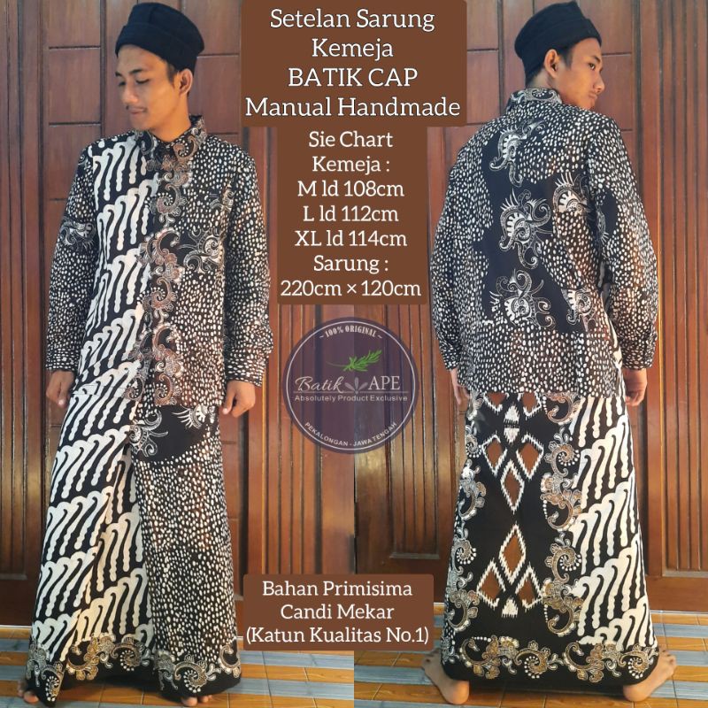 SETELAN SARUNG KEMEJA BATIK CAP EXCLUSIVE MANUAL HANDMADE TRADITIONAL BAHAN PRIMIS KATUN CANDIMEKAR