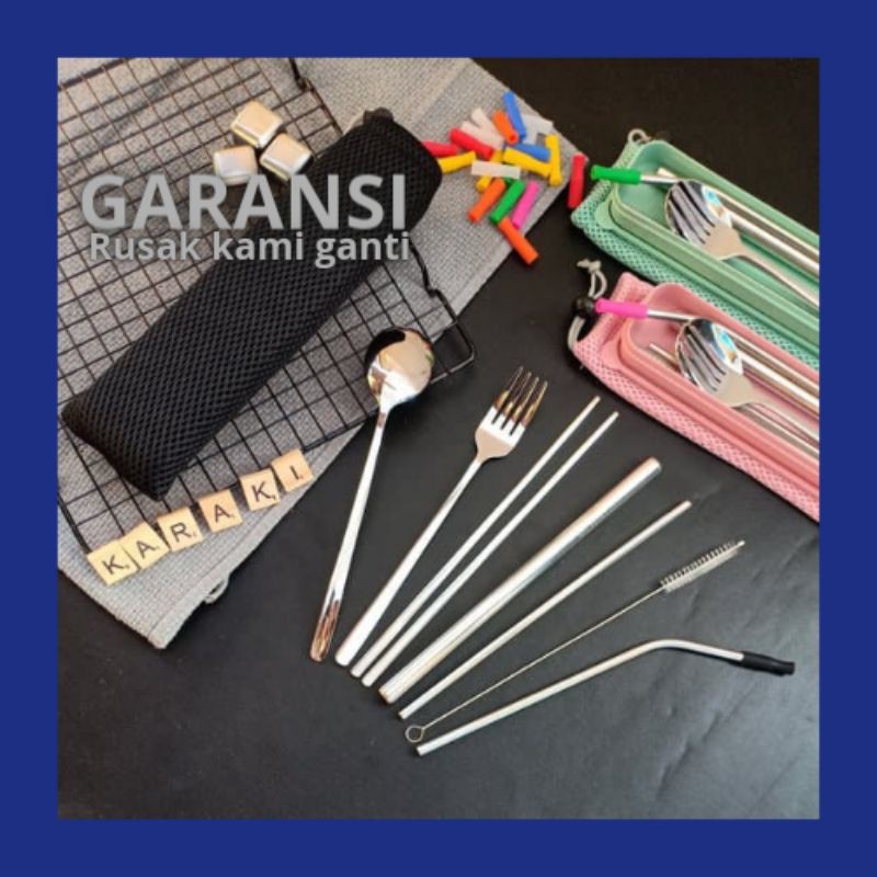 Sendok Korea Set Sujeo Sendok Garpu Sumpit Sedotan Stainless Set Box