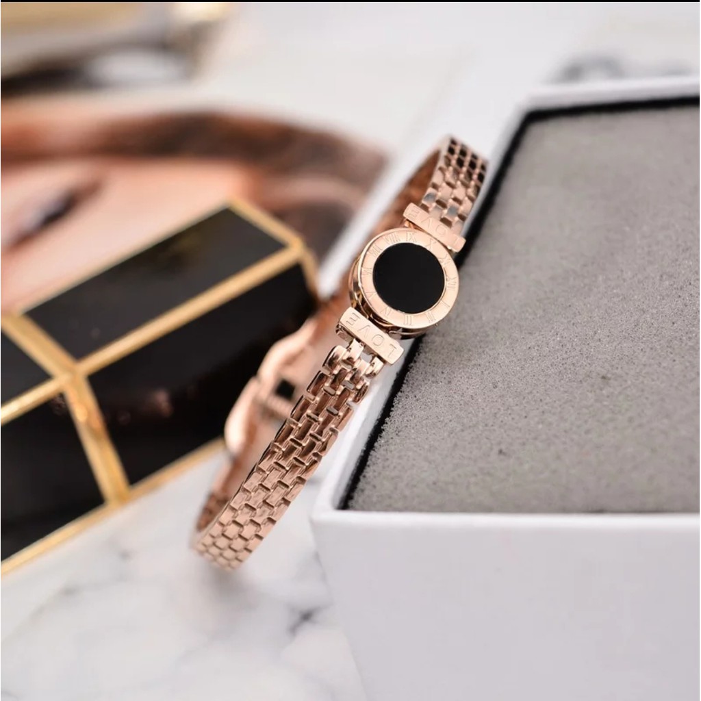 Gelang Bangle Titanium Angka Romawi Love Desain Round Resin Hitam Tersedia Warna Rose Gold, Gold dan Silver