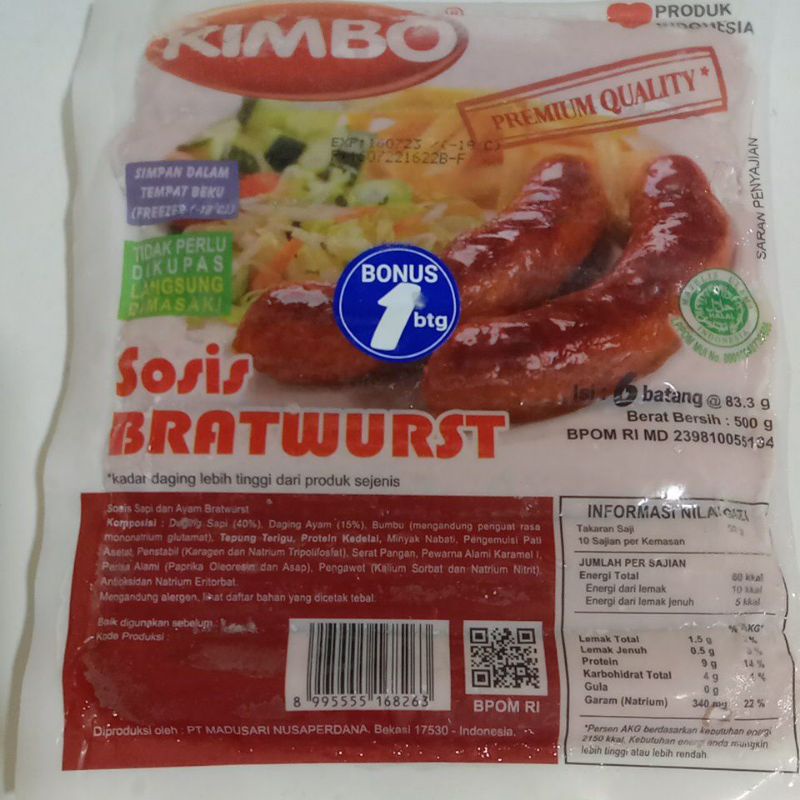 

SOSIS BAKAR KIMBO BRATWURST PANJANG/JUMBO 500 GR ISI 6+1 PCS PREMIUM QUALITY