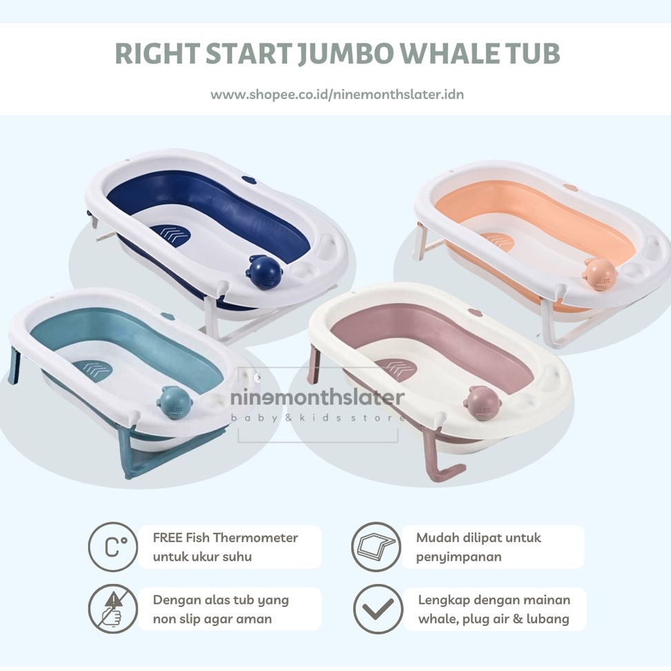 Right Start Jumbo WHALE Baby Folding Bathtub - Bath Tub Anak Bayi Ember Mandi Air Termometer Sensor Mainan Lipat