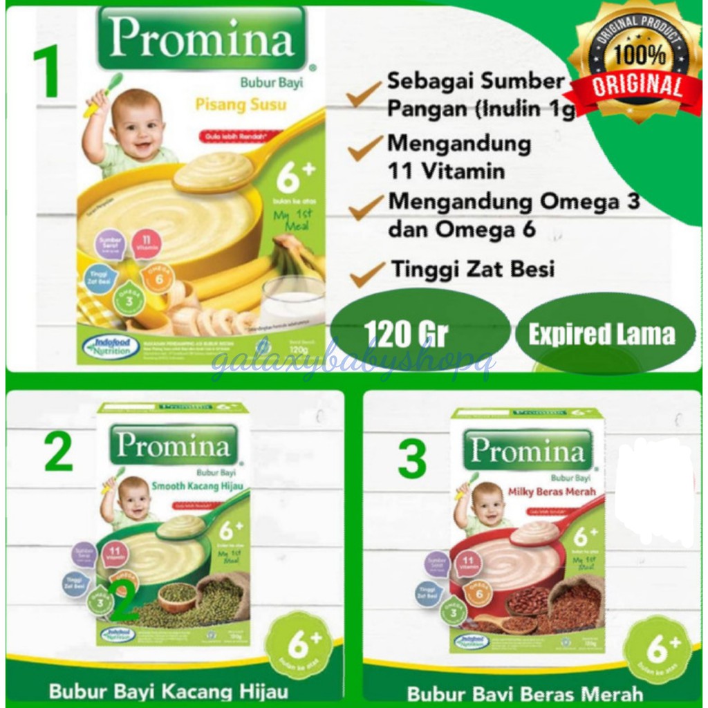 Promina bubur 6+ Pisang susu, Smooth kcg hijau, milky beras merah