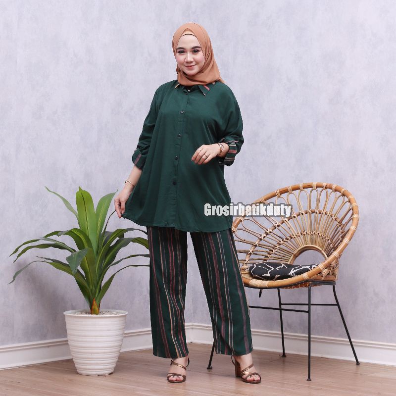 JUMBO SKODER SET CELANA DAN KEMEJA SHIBORI PAJAMAS TIE DYE TERBARU BAJU TIDUR PIYAMA KEKINIAN-Skoder lidi hijau