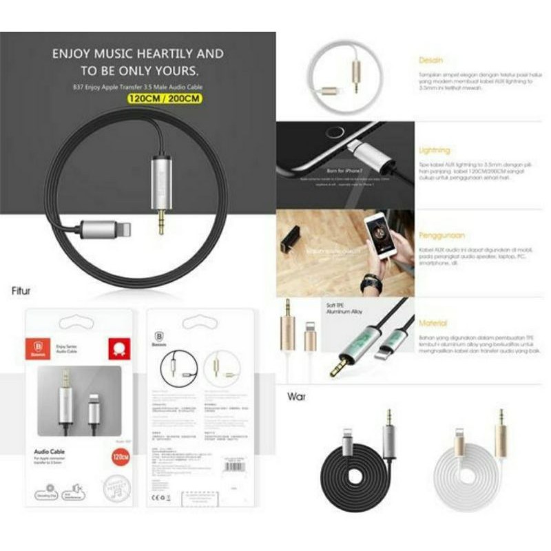 PROMO Baseus B37 Audio Kabel Aux Cable 3.5mm Male To Lightning For Iphone Ipad 120cm