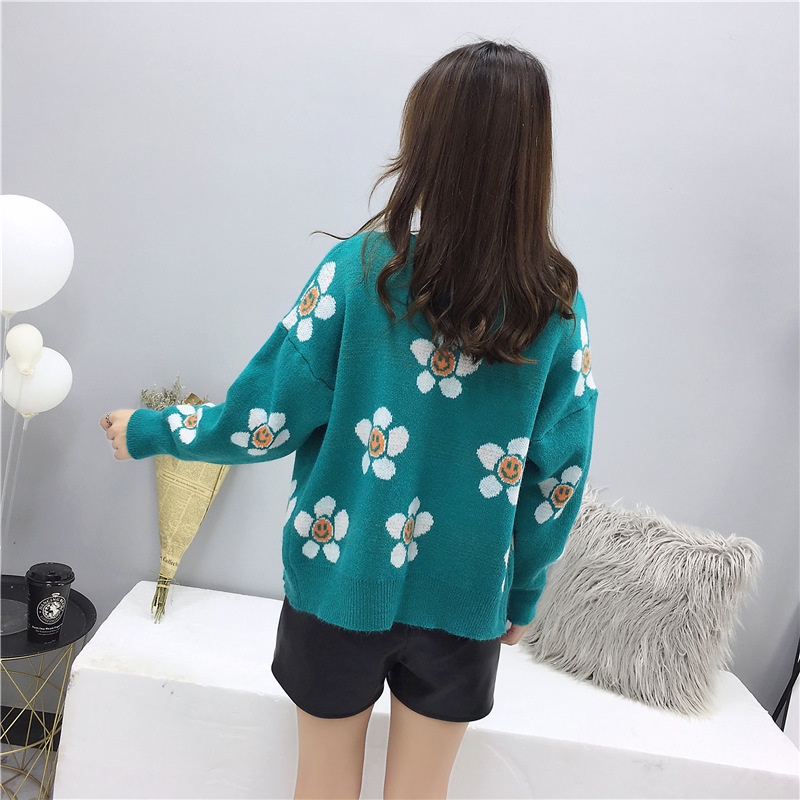 yikoo-Cardigan lengan panjang motif bunga wanita korea kardigan rajut