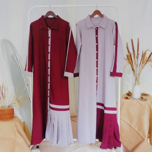 Gamis Dress Warna Pastel - Gamis Outer Aksen Lipit