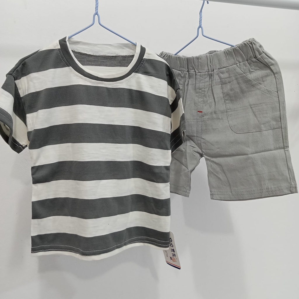 [COD] Setelan pendek anak 0-5 tahun motif garis grey &amp; biru / baju anak stelan anak lengan pendek impor korea / pakaian anak/Brownieground