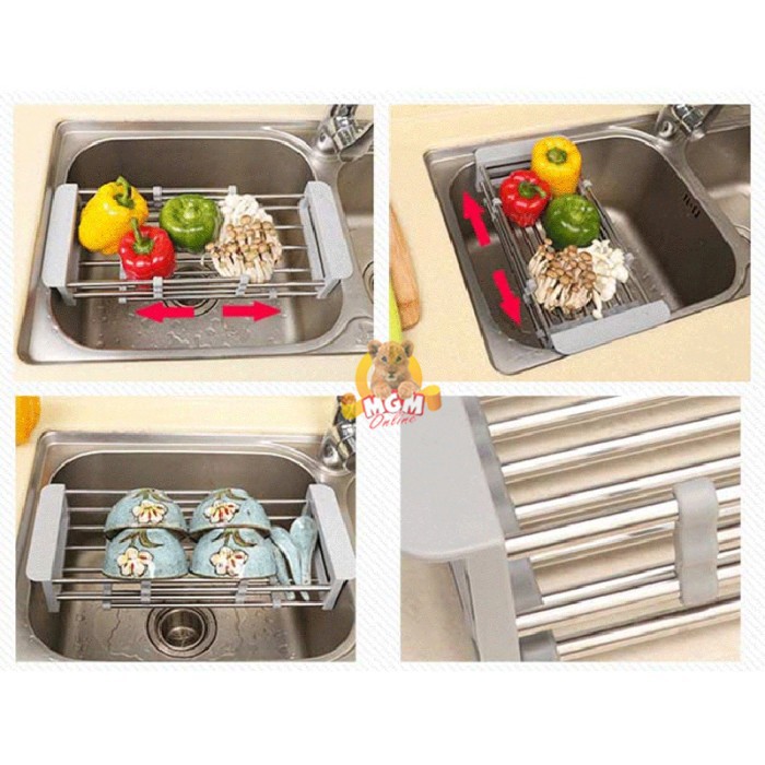 Peniris buah stainless 40x22CM extendable drip basket rak piring